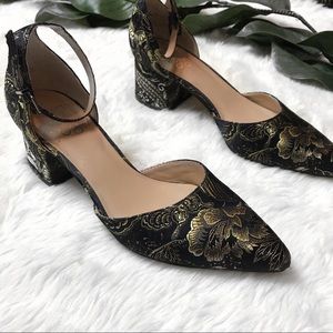 Franco Sarto Black & Gold Embroidered Pointed Toe